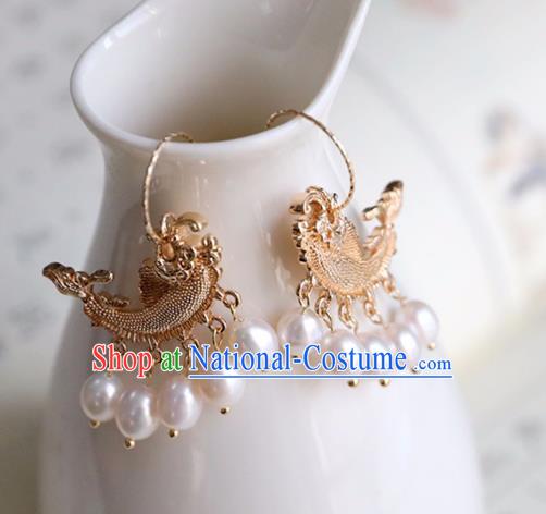 Chinese Ancient Hanfu Golden Carp Earrings Women Jewelry Ming Dynasty Ear Accessories