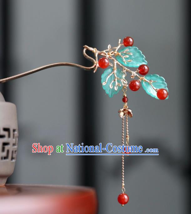 Chinese Ancient Princess Red Beads Leaf Hair Clips Ming Dynasty Headwear Women Hair Accessories Tassel Hairpins