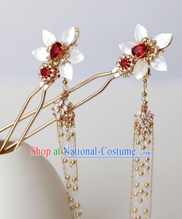 Chinese Ancient Hanfu Red Crystal Shell Hairpin Headwear Women Hair Accessories Golden Beads Tassel Hair Clip