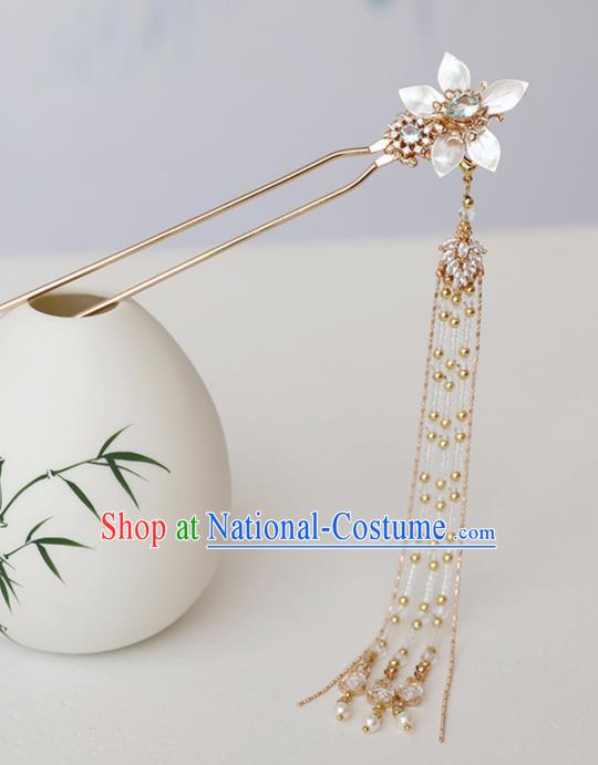 Chinese Ancient Hanfu Blue Crystal Shell Hairpin Headwear Women Hair Accessories Golden Beads Tassel Hair Clip