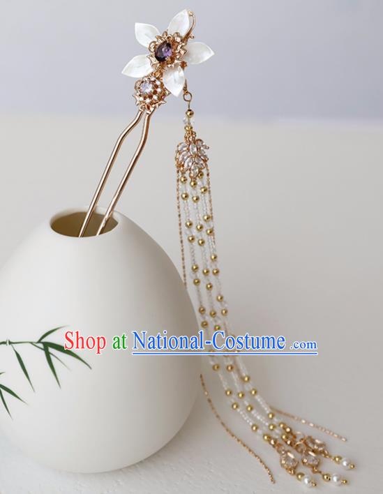 Chinese Ancient Hanfu Purple Crystal Shell Hairpin Headwear Women Hair Accessories Golden Beads Tassel Hair Clip