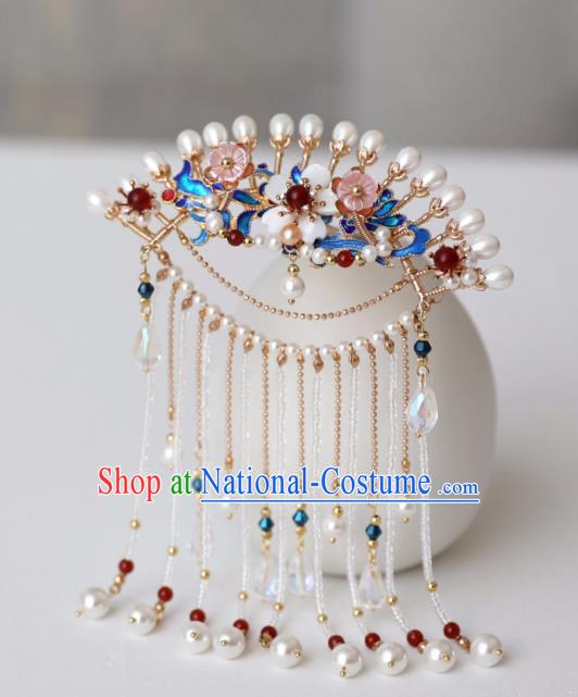 Chinese Ancient Pearls Tassel Hairpin Headwear Women Hair Accessories Ming Dynasty Court Cloisonne Hair Clip