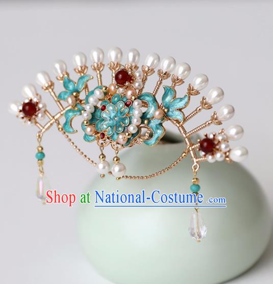 Chinese Ancient Pearls Green Hair Crown Headwear Women Hair Accessories Ming Dynasty Court Cloisonne Hairpin