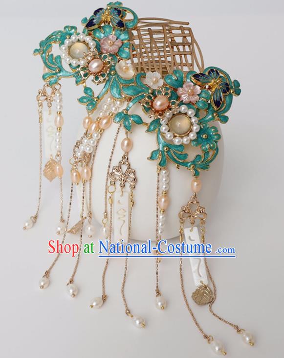 Chinese Ancient Ming Dynasty Cloisonne Hairpin Headwear Women Hair Accessories Pearls Tassel Hair Comb