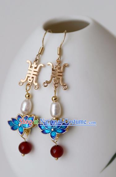 Chinese Ancient Hanfu Cloisonne Lotus Earrings Women Jewelry Ming Dynasty Pearl Ear Accessories