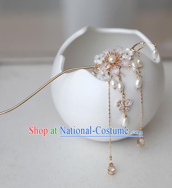 Chinese Ancient Pink Flower Hanfu Hair Clip Headwear Women Hair Accessories Ming Dynasty Pearls Tassel Hairpin