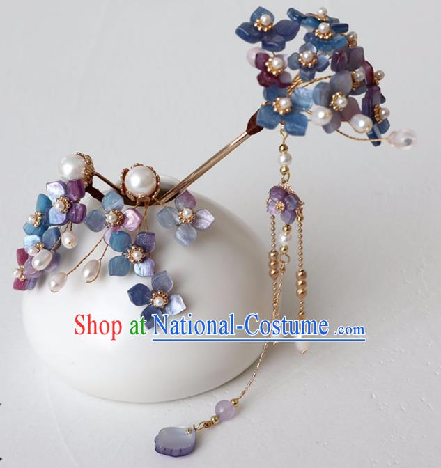 Chinese Ancient Ming Dynasty Purple Flowers Hairpin Headwear Women Hair Accessories Tassel Hair Clip