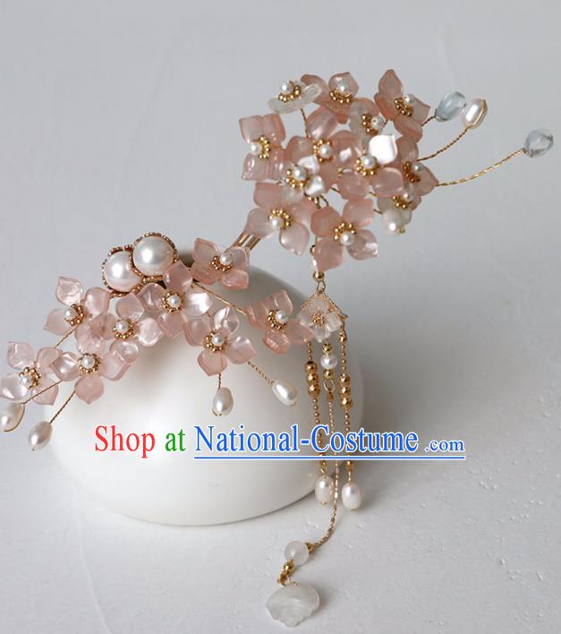 Chinese Ancient Ming Dynasty Pink Flowers Hairpin Headwear Women Hair Accessories Tassel Hair Clip