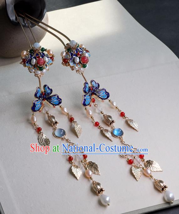 Chinese Ancient Cloisonne Butterfly Hairpin Headwear Women Hair Accessories Ming Dynasty Court Pearls Tassel Hair Clip