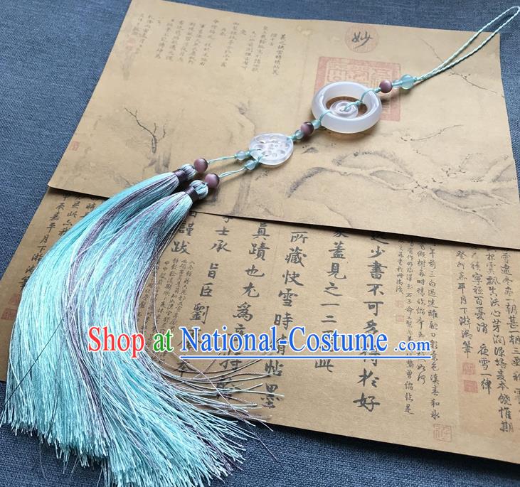 Chinese Ancient Hanfu Carving Lotus Root Jade Blue Tassel Pendant Jade Lappet Jewelry Brooch Accessories