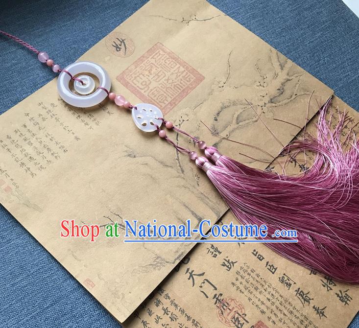 Chinese Ancient Hanfu Carving Lotus Root Jade Pink Tassel Pendant Jade Lappet Jewelry Brooch Accessories