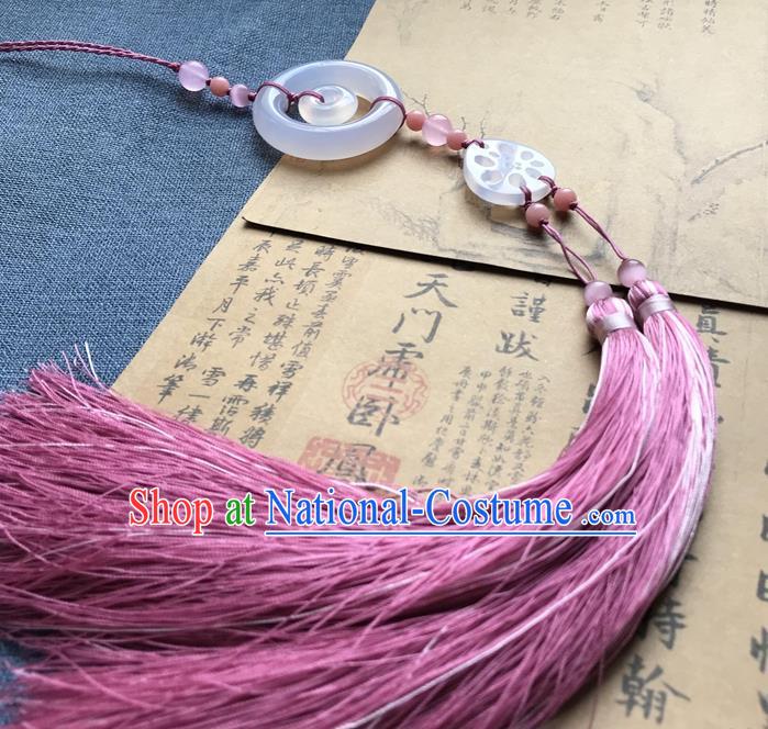 Chinese Ancient Hanfu Carving Lotus Root Jade Pink Tassel Pendant Jade Lappet Jewelry Brooch Accessories