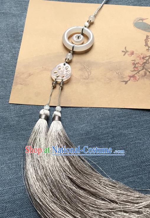 Chinese Ancient Hanfu Carving Lotus Root Jade Grey Tassel Pendant Jade Lappet Jewelry Brooch Accessories