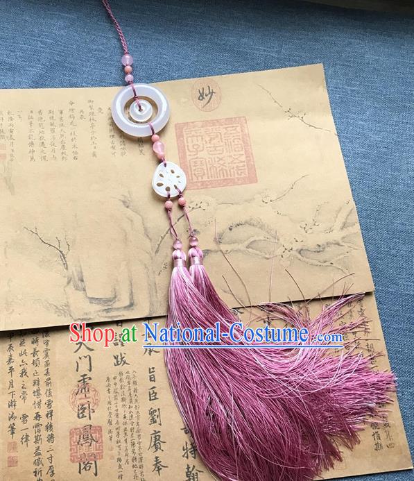 Chinese Ancient Hanfu Carving Lotus Root Jade Pink Tassel Pendant Jade Lappet Jewelry Brooch Accessories