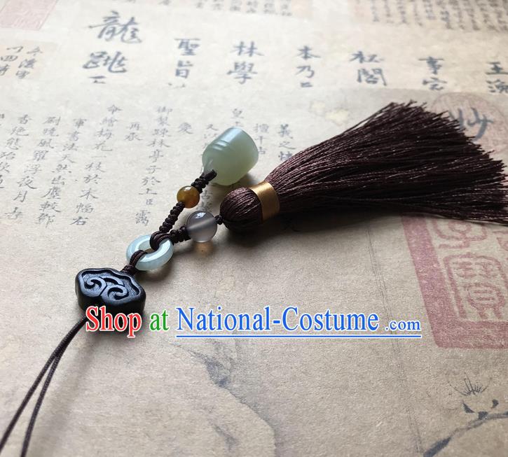 Chinese Ancient Hanfu Brown Tassel Pendant Jade Cloud Lappet Jewelry Brooch Accessories