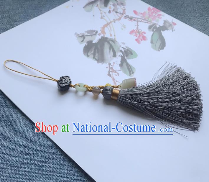 Chinese Ancient Hanfu Grey Tassel Pendant Jade Seal Cloud Lappet Jewelry Brooch Accessories