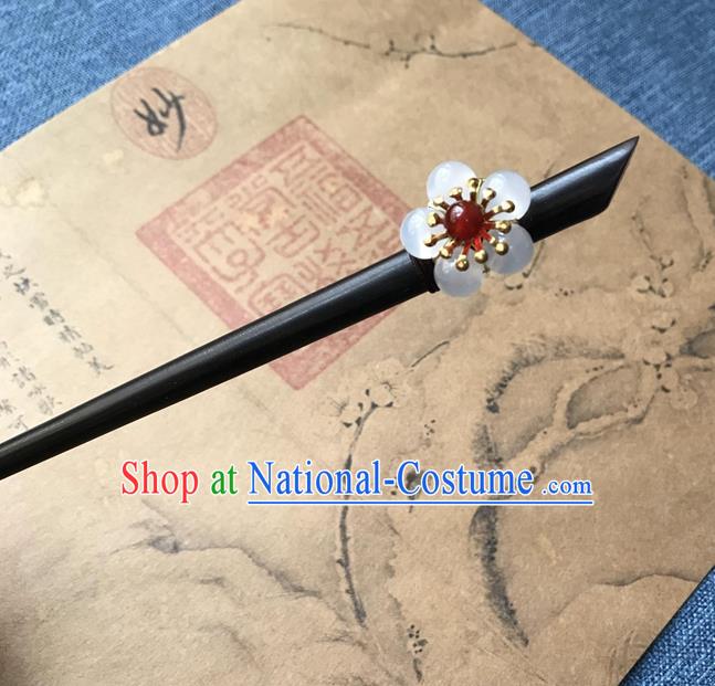 Chinese Ancient Women Opal Plum Hair Clip Handmade Hanfu Hair Accessories Ebony Hairpin Headwear