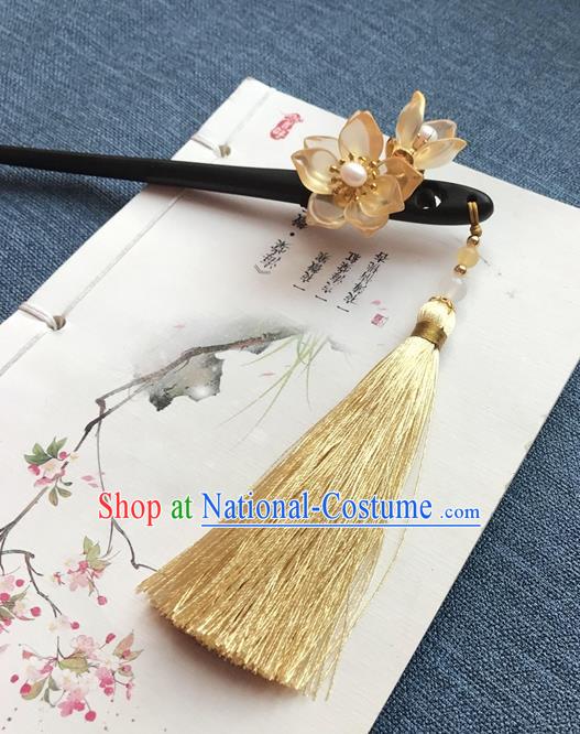 Chinese Ancient Women Yellow Flowers Hair Clip Handmade Headwear Hanfu Hair Accessories Ebony Hairpin