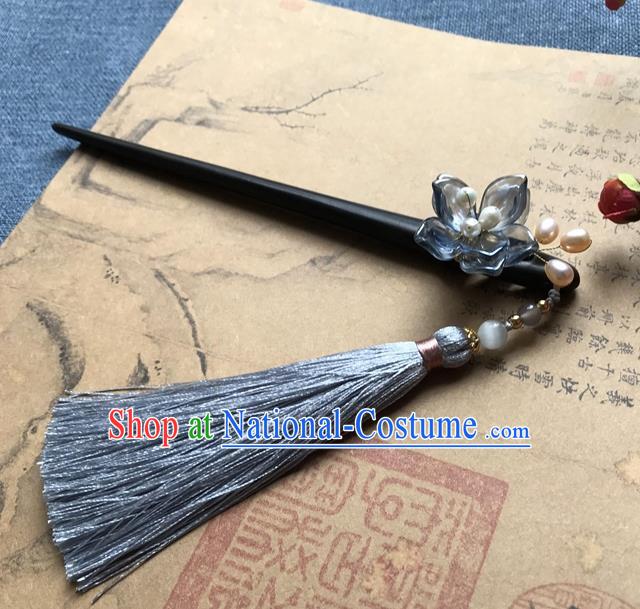 Chinese Ancient Women Blue Flowers Hair Clip Handmade Headwear Hanfu Hair Accessories Ebony Hairpin