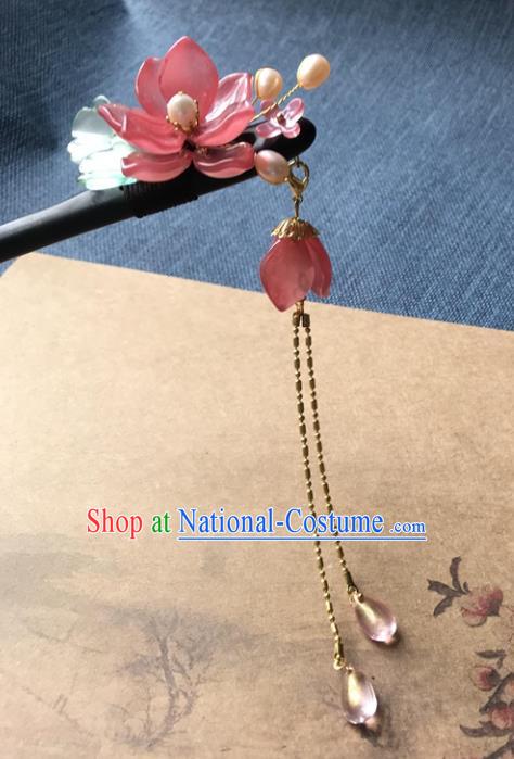 Chinese Ancient Women Red Lotus Hair Clip Handmade Headwear Hanfu Hair Accessories Ebony Tassel Hairpin