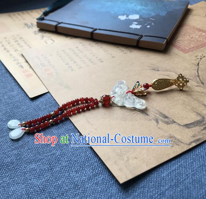 Chinese Ancient Hanfu Red Beads Tassel Pendant Jade Lappet Brooch Jewelry Carving Jade Accessories