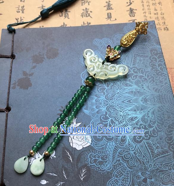 Chinese Ancient Hanfu Green Beads Tassel Pendant Jade Lappet Brooch Jewelry Carving Jade Accessories