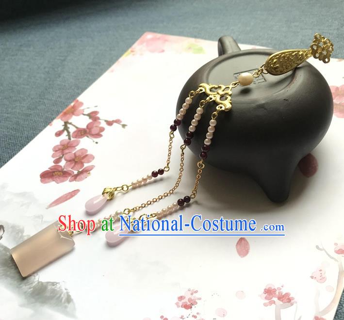 Chinese Ancient Hanfu Pearls Tassel Pendant Golden Lucky Lappet Brooch Jewelry Jade Accessories