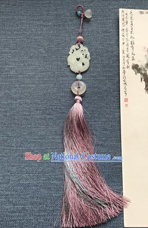 Chinese Ancient Hanfu Carving Phoenix Jade Pendant Lappet Brooch Jewelry Jade Purple Tassel Accessories