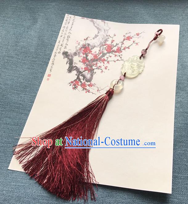 Chinese Ancient Hanfu Carving Phoenix Jade Pendant Lappet Brooch Jewelry Jade Wine Red Tassel Accessories