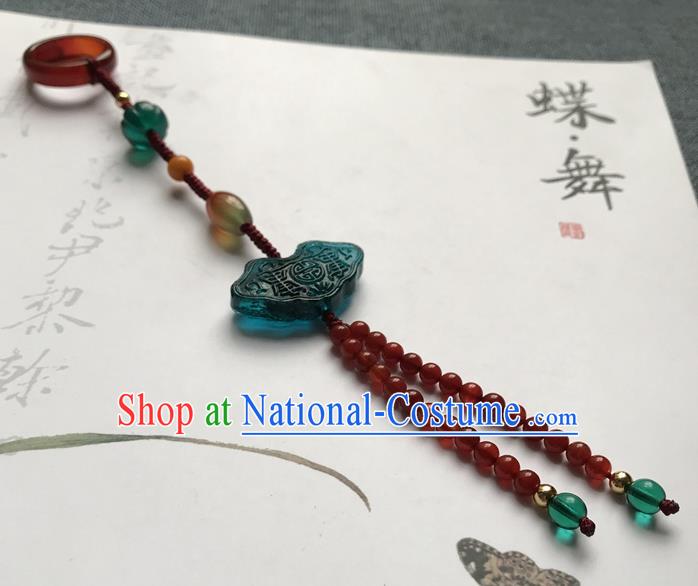 Chinese Ancient Hanfu Red Beads Tassel Pendant Lappet Brooch Jewelry Green Coloured Glaze Accessories