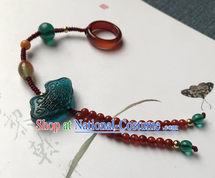 Chinese Ancient Hanfu Red Beads Tassel Pendant Lappet Brooch Jewelry Green Coloured Glaze Accessories