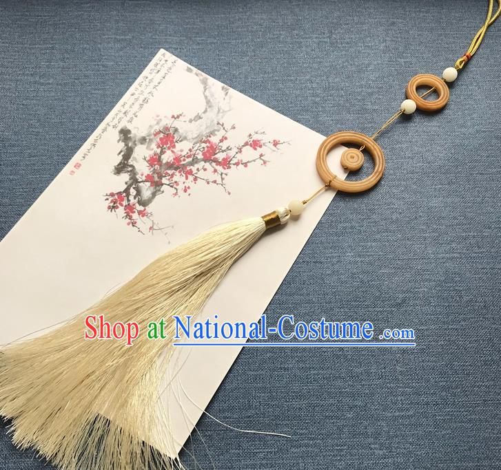 Chinese Ancient Hanfu Beige Tassel Pendant Yellow Jade Brooch Jewelry Accessories Lappet