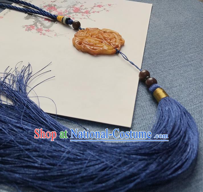 Chinese Ancient Hanfu Royalblue Tassel Pendant Yellow Jade Carving Brooch Jewelry Accessories Lappet