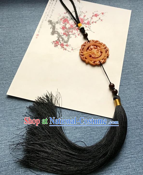 Chinese Ancient Hanfu Black Tassel Pendant Yellow Jade Carving Brooch Jewelry Accessories Lappet