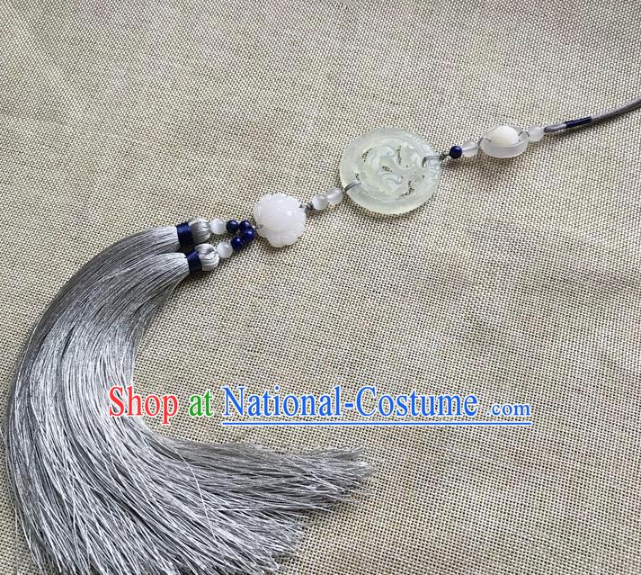 Chinese Ancient Hanfu Grey Tassel Brooch Pendant Jade Jewelry Accessories Carving Dragon Lotus Lappet