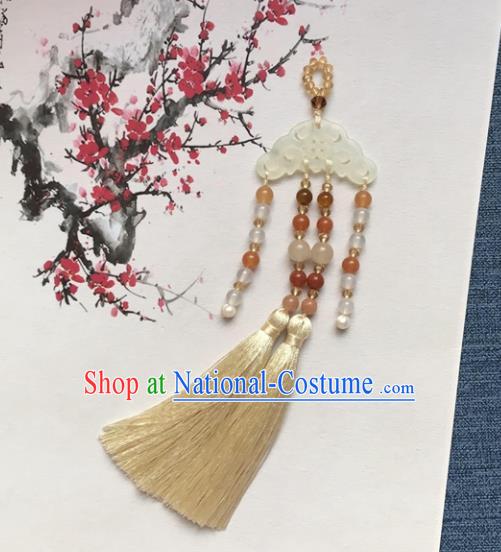 Chinese Ancient Court Hanfu Beige Tassel Brooch Pendant Jade Lappet Jewelry Accessories