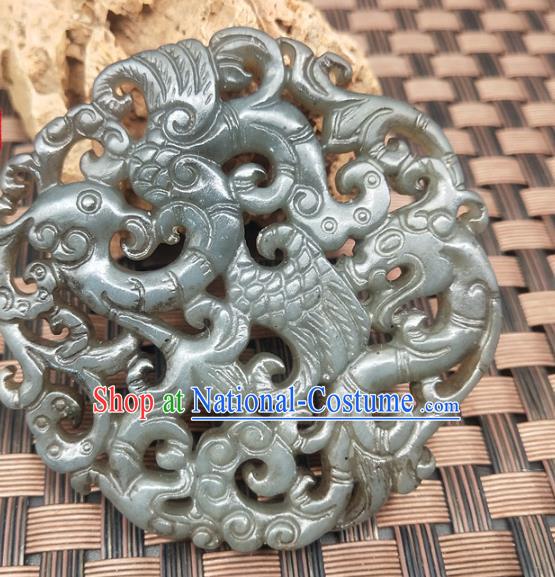 Chinese Handmade Jade Label Craft Hetian Jade Carving Dragon Phoenix Necklace Accessories Pendant