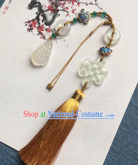 Chinese Ancient Hanfu Golden Tassel Brooch Pendant Jade Knot Jewelry Accessories Cloisonne Lappet