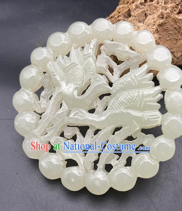 Chinese Ancient Carving Double Cranes Jade Necklace Accessories Hetian Jade Pendant Jade Label Craft