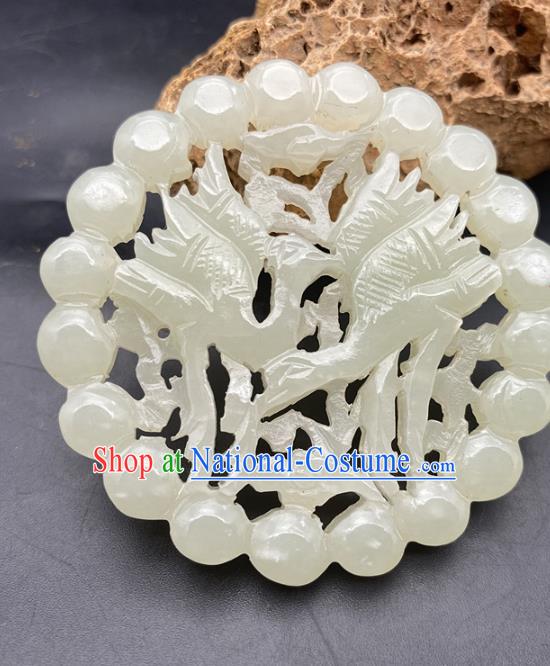 Chinese Ancient Carving Double Cranes Jade Necklace Accessories Hetian Jade Pendant Jade Label Craft