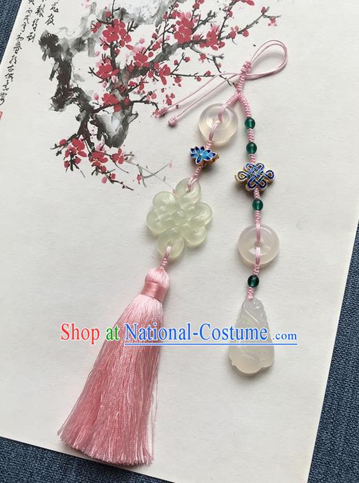 Chinese Ancient Hanfu Pink Tassel Brooch Pendant Jade Knot Jewelry Accessories Cloisonne Lotus Lappet