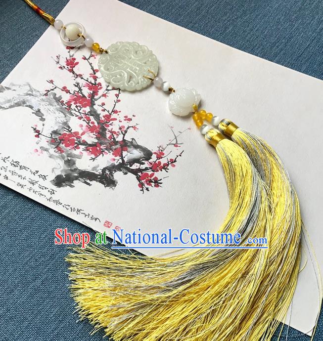 Chinese Ancient Hanfu Yellow Tassel Brooch Pendant Jade Jewelry Accessories Carving Longevity Lotus Lappet