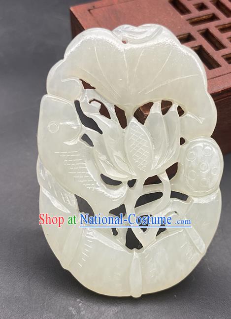 Chinese Ancient Carving Fish Lotus Jade Necklace Accessories Jade Label Craft Hetian Jade Pendant