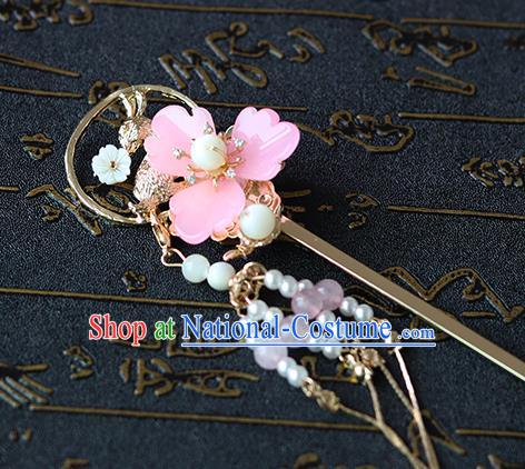 Chinese Ancient Hanfu Pink Flower Hair Accessories Women Hairpin Headwear Tassel Hair Clip