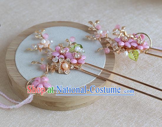 Chinese Ancient Hanfu Hair Accessories Women Hairpin Headwear Pink Shell Flowers Tassel Hair Clip