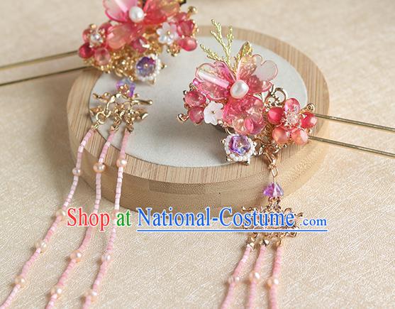 Chinese Ancient Hanfu Red Flowers Hair Accessories Women Hairpin Headwear Pink Beads Tassel Hair Clip