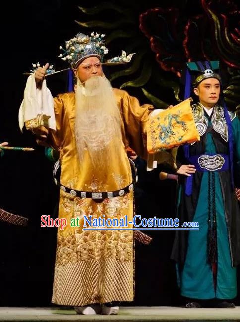 Chinese Peking Opera Old Men Embroidered Robe Garment Double Pearl Phoenix Chancellor Apparel Costumes and Hat