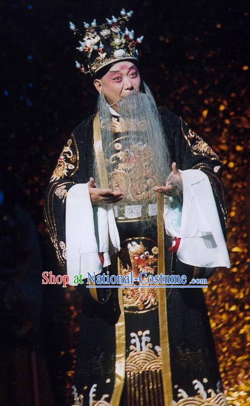 Chinese Peking Opera Old Male Black Ceremonial Robe the Royal Consort of Tang Costumes Emperor Xuanzong Apparel Garment and Headwear