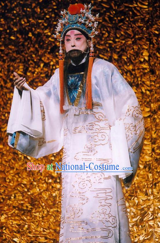 Chinese Peking Opera Old Male Apparel the Royal Consort of Tang Costumes Emperor Xuanzong White Ceremonial Robe Garment and Headwear