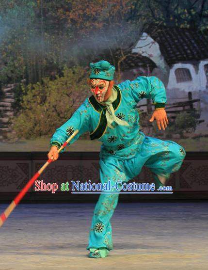 Chinese Peking Opera Wusheng Green Garment Martial Men A Monkey King Costumes Sun Wukong Takefu Apparel Suit and Hat